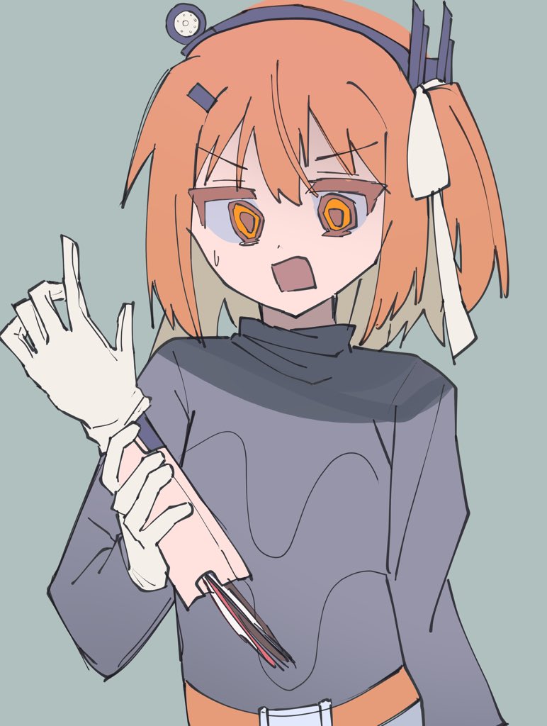 1girl, a.i._voice, adachi_rei, android, black_hairband, black_shirt, cable, commentary_request, gloves, grey_background, hair_ornament, hairband, hairclip, headlamp, holding_limb, jaw_drop, long_sleeves, mechanical_parts, medium_hair, no_jacket, one_side_up, open_mouth, orange_eyes, orange_hair, radio_antenna, severed_limb, shirt, simple_background, solo, surprised, sweatdrop, turtleneck, upper_body, utau, v-shaped_eyebrows, white_gloves, wide-eyed, yuyu_no_suke
