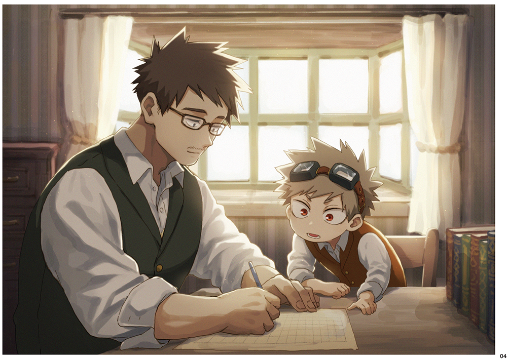 2boys, aged_down, akiyama_(noconoco), bakugou_katsuki, bakugou_masaru, black-framed_eyewear, black_vest, blonde_hair