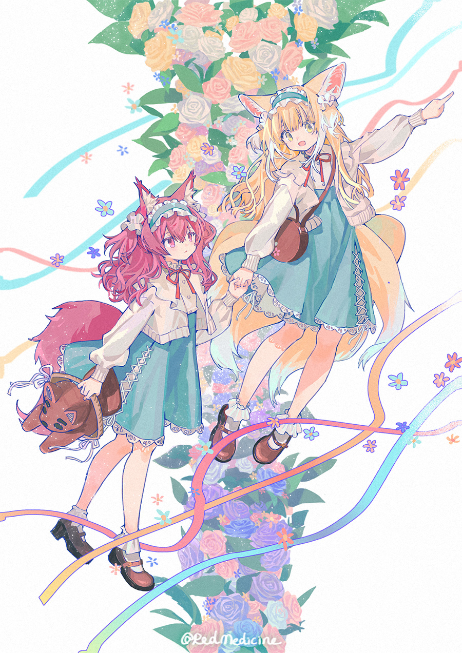 2girls, alternate_costume, animal_ears, ankle_socks, aqua_hairband, aqua_skirt, arknights, bag, basket, blonde_hair, bobby_socks, brown_bag, brown_cardigan, brown_footwear, cardigan, chinese_commentary, commentary_request, cross-laced_clothes, cross-laced_skirt, cross-laced_slit, flower, fox_ears, fox_girl, fox_tail, frilled_hairband, frills, full_body, hair_ornament, hair_scrunchie, hairband, high-waist_skirt, highres, holding, holding_basket, holding_hands, kitsune, kyuubi, long_hair, long_sleeves, mary_janes, matching_outfit, morte_(arknights), multiple_girls, multiple_tails, neck_ribbon, official_alternate_costume, open_cardigan, open_clothes, open_mouth, parted_lips, pointing, puffy_long_sleeves, puffy_sleeves, purple_hair, red_(girllove), red_ribbon, ribbon, round_bag, scrunchie, shamare_(arknights), shirt, shoes, shoulder_bag, skirt, sleeve_cuffs, socks, suzuran_(arknights), suzuran_(spring_praise)_(arknights), tail, violet_eyes, white_shirt, white_socks, yellow_eyes