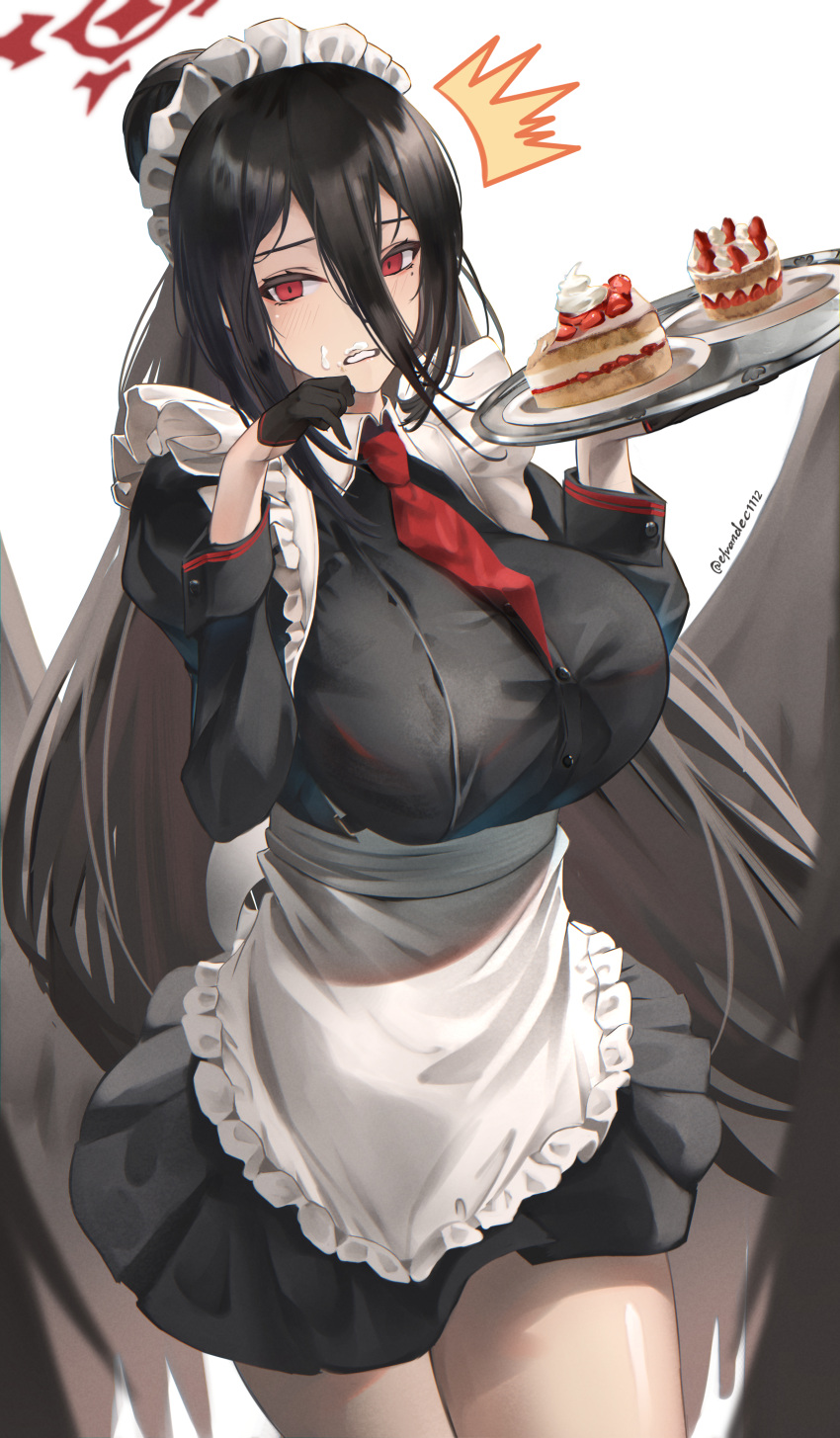 1girl, absurdres, alternate_costume, apron, black_gloves, black_shirt, black_skirt, blue_archive