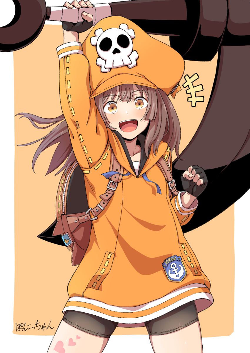 1girl, anchor, bike_shorts, black_gloves, brown_hair, cabbie_hat, fingerless_gloves, gloves, guilty_gear, guilty_gear_strive, hat, hat_ornament, highres, holding, holding_anchor, hood, hoodie, long_hair, looking_at_viewer, may_(guilty_gear), orange_eyes, orange_headwear, orange_hoodie, poncocchan, shirt, skull_and_crossbones, skull_hat_ornament, smile