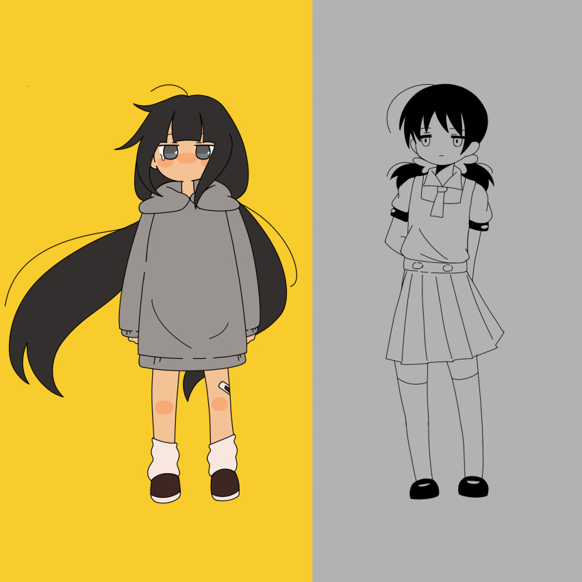 2girls, ahoge-tan, arms_behind_back, bandaid, bandaid_on_leg, black_hair, blunt_bangs, closed_mouth, collared_shirt, commentary, crossover, dress, english_commentary, expressionless, floating_hair, full_body, grey_background, grey_eyes, grey_hoodie, highres, hood, hood_down, hoodie, jitome, kaai_yuki, kyoufuu_all_back_(vocaloid), long_hair, long_sleeves, looking_at_viewer, looking_to_the_side, loose_socks, low_twintails, medium_hair, multiple_girls, necktie, no_mouth, no_pants, osage_(inabakumori), partially_colored, pinafore_dress, pleated_dress, puffy_short_sleeves, puffy_sleeves, shirt, shoes, short_necktie, short_sleeves, sleeveless, sleeveless_dress, socks, standing, symmetry, tearing_up, thigh-highs, twintails, two-tone_background, vocaloid, yellow_background
