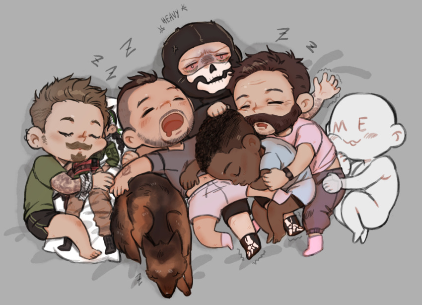 6+boys, alex_keller_(modern_warfare), animal, arm_tattoo, beard, black_hair, black_pants, black_shorts, blush, brown_hair, call_of_duty, call_of_duty:_modern_warfare_2, captain_price, chibi, closed_eyes, dark-skinned_male, dark_skin, dog, earrings, facial_hair, gaz_(call_of_duty_4), ghost_(modern_warfare_2), green_shirt, grey_shirt, grey_shorts, jewelry, lying, male_focus, mask, modern_warfare_(2019), morithewitch, multiple_boys, mustache, on_back, on_side, open_mouth, pants, pink_shirt, shirt, short_hair, shorts, sidecut, skull_mask, sleeping, soap_(modern_warfare_2), tattoo, watch, watch, zzz