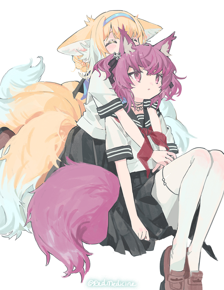 2girls, alternate_costume, animal_ear_fluff, animal_ears, arknights, artist_name, black_sailor_collar, black_skirt