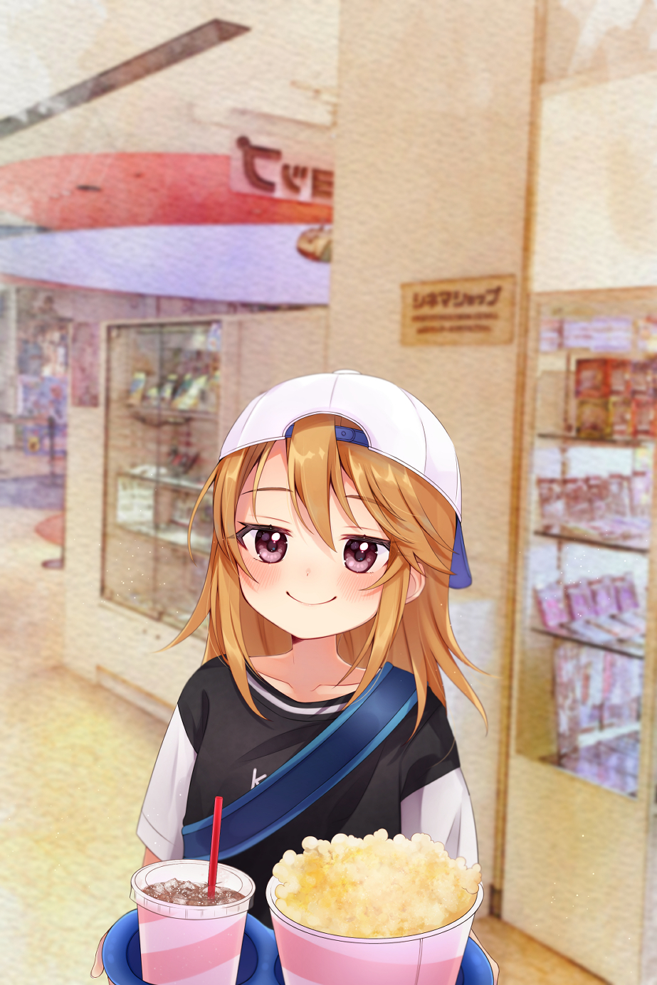 1girl, 31reyo, backwards_hat, bag, baseball_cap, blush, collarbone, hat