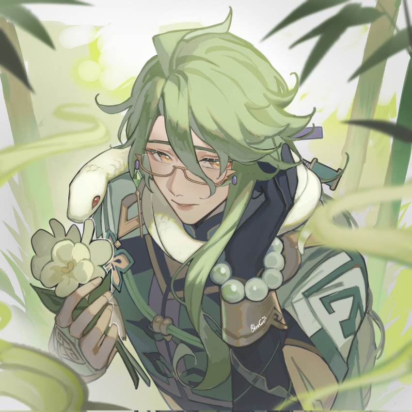 1boy, baizhu_(genshin_impact), black_gloves, blue_cat_(22478475), bracelet, changsheng_(genshin_impact), chinese_clothes, flower, genshin_impact, glasses, gloves, green_hair, highres, jewelry, leaf, long_hair, long_sleeves, looking_down, male_focus, parted_lips, red_eyeliner, snake, solo, teeth, white_background, white_flower