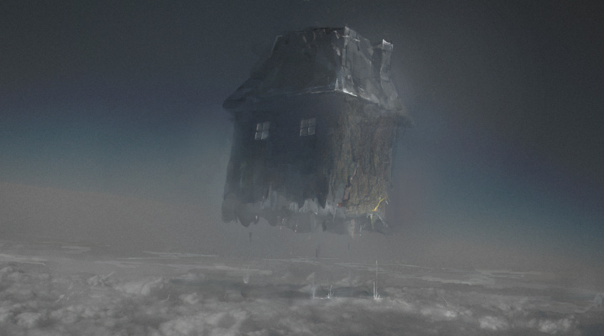 building, chimney, clouds, floating, floating_object, highres, house, nekoprogram