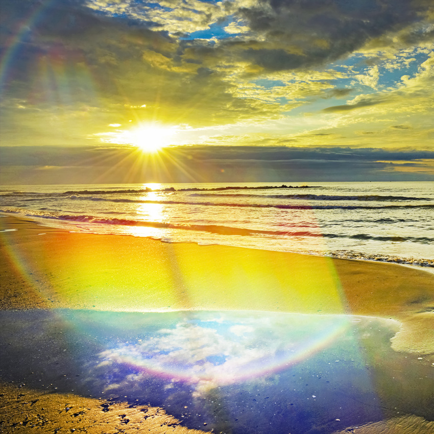 beach, blue_sky, clouds, cloudy_sky, horizon, hoshiumisora, light_rays, morning