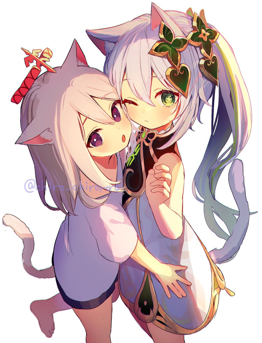 2girls, alternate_costume, animal_ear_fluff, animal_ears, artist_name, bare_shoulders, barefoot, black_shorts, blush, cat_ears, cat_tail, chiroron, closed_mouth, cross-shaped_pupils, dress, genshin_impact, green_eyes, green_hair, grey_hair, hair_between_eyes, hair_ornament, halo, hand_up, heart, heart_hair_ornament, highres, leg_up, long_hair, looking_at_viewer, multicolored_hair, multiple_girls, nahida_(genshin_impact), one_eye_closed, open_mouth, paimon_(genshin_impact), ponytail, shirt, short_hair, short_sleeves, shorts, side_ponytail, simple_background, sleeveless, sleeveless_dress, standing, standing_on_one_leg, symbol-shaped_pupils, t-shirt, tail, two-tone_hair, violet_eyes, white_background, white_dress, white_shirt