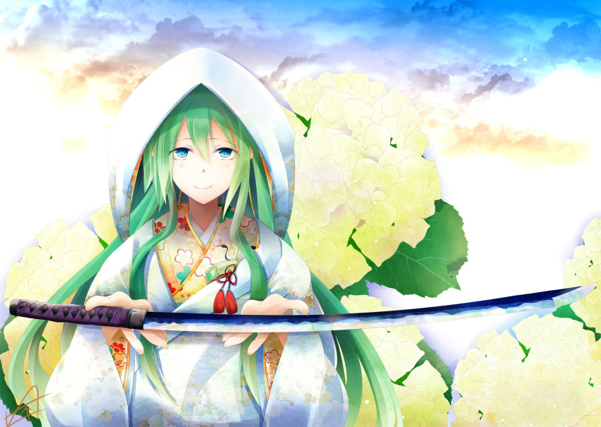 1girl, closed_mouth, clouds, floral_print, flower, fudo_shin, green_eyes, green_hair