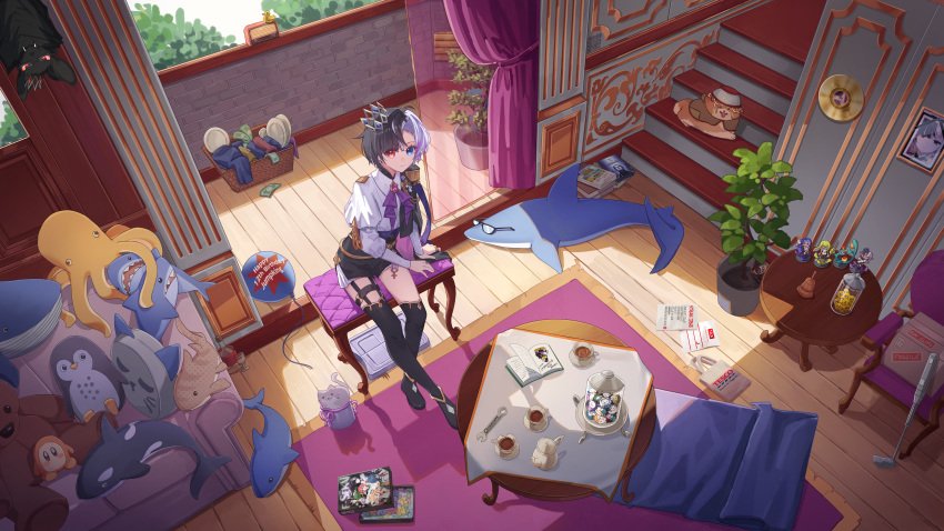 absurdres, aperture_laboratories, balloon, bat_(animal), black_shorts, black_thighhighs, blue_eyes, book