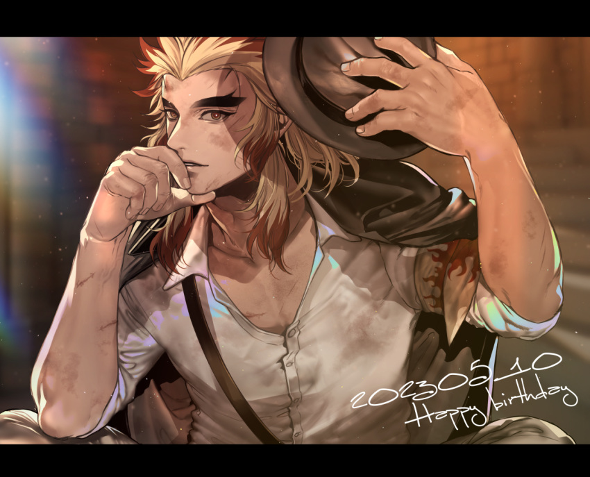 armband, black_cape, blonde_hair, boku_no_hero_academia, buttons, cape, collared_shirt, covered_collarbone, hand_on_own_chin, happy_birthday, hassy_0225, hat, kimetsu_no_yaiba, looking_at_viewer, multicolored_hair, rengoku_kyoujurou, shirt, sleeves_rolled_up, streaked_hair, white_shirt