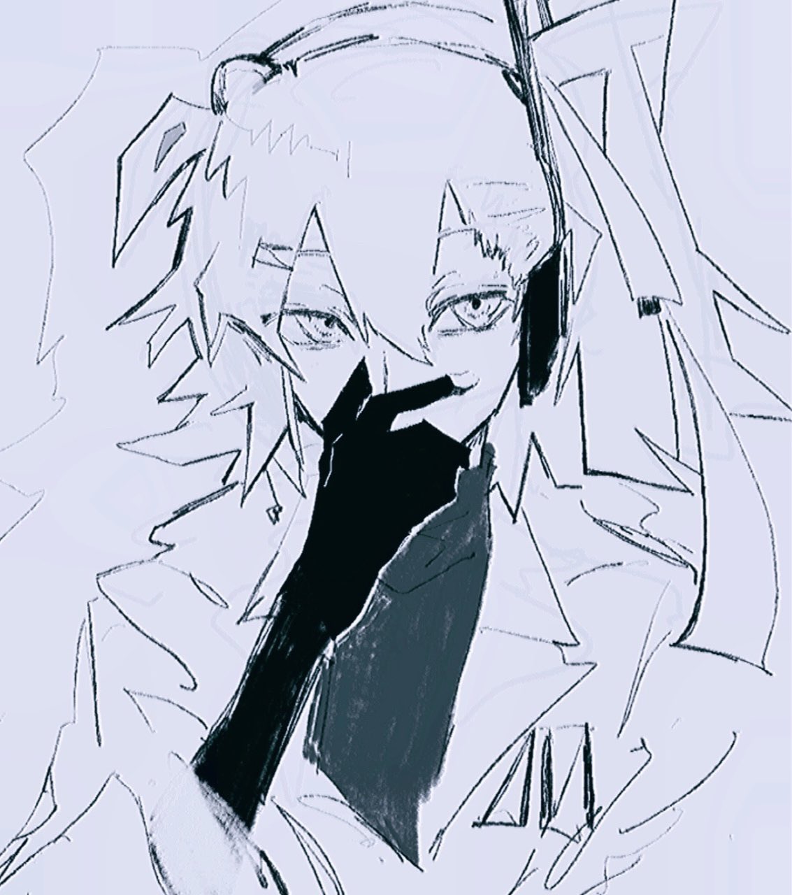 1girl, a.i._voice, adachi_rei, covering_mouth, elbow_gloves, expressionless, gloves, greyscale, hair_ornament, hair_ribbon, hairclip, half-closed_eyes, hand_up, headlamp, headset, highres, jacket, kaniebiuni, long_sleeves, looking_at_viewer, medium_hair, monochrome, one_side_up, open_clothes, open_jacket, outline, radio_antenna, ribbon, solo, tsurime, turtleneck, utau, white_ribbon