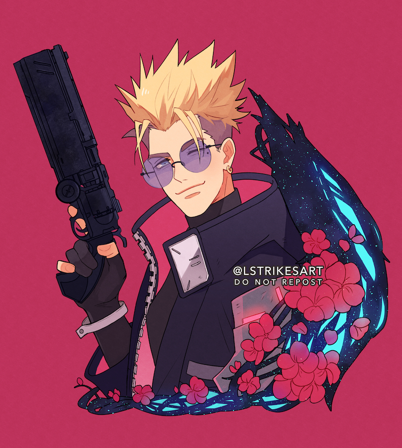 1boy, black_coat, black_gloves, blonde_hair, coat, earrings, flower, from_side