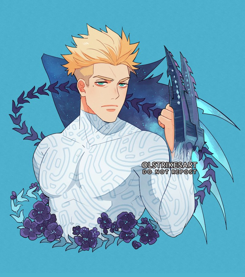 1boy, blade, blonde_hair, blue_background, blue_eyes, blue_flower, body_markings, expressionless