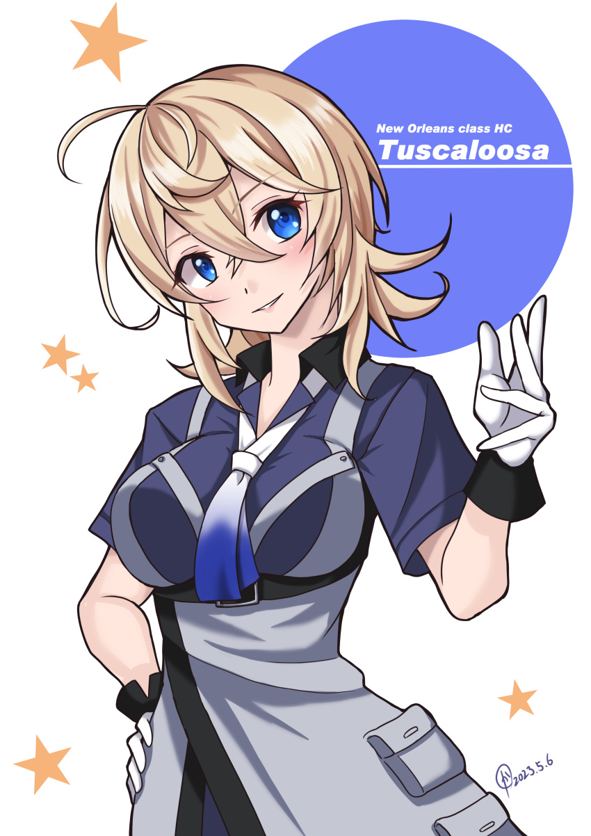 1girl, absurdres, ahoge, blonde_hair, blue_eyes, blue_neckerchief, blue_shirt, breasts