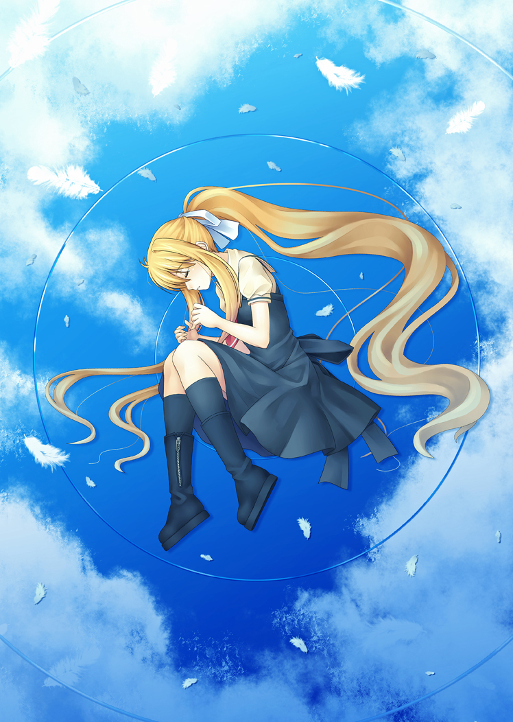 aka_(shoumae), bad_id, blonde_hair, boots, feathers, kamio_misuzu, long_hair, lying