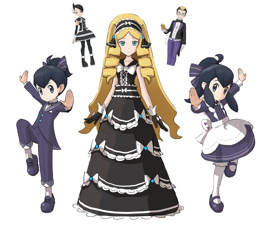 2boys, 3girls, alternate_costume, black_dress, black_gloves, black_hair, blonde_hair, bow, caitlin_(pokemon), closed_mouth, commentary_request, darach_(pokemon), dress, drill_hair, eyelashes, ffccll, gloves, green_eyes, grey_eyes, jacket, leg_up, liza_(pokemon), long_hair, marley_(pokemon), multiple_boys, multiple_girls, pants, pokemon, pokemon_(game), pokemon_dppt, pokemon_masters_ex, pokemon_oras, pokemon_platinum, ponytail, reference_inset, ribbed_socks, shirt, shoes, sidelocks, simple_background, smile, tate_(pokemon), twin_drills, white_background, white_bow