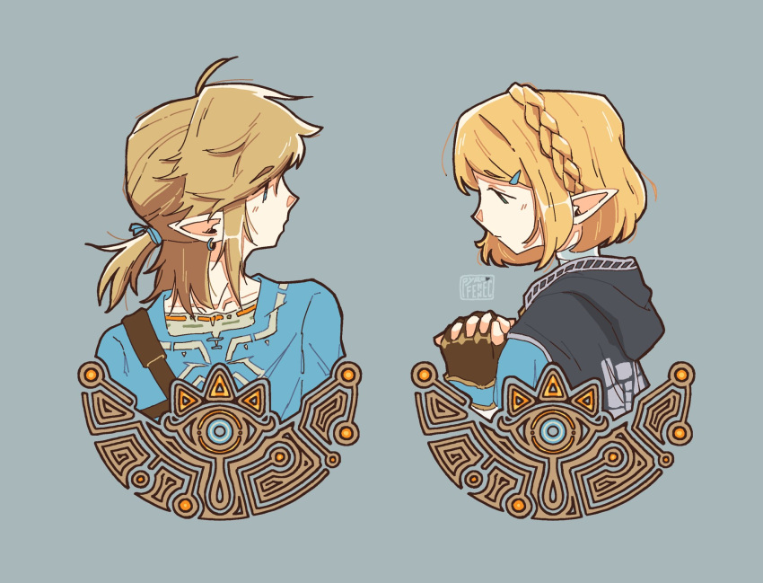 1boy, 1girl, aki_lin, artist_logo, belt, black_cape, blonde_hair, blue_shirt