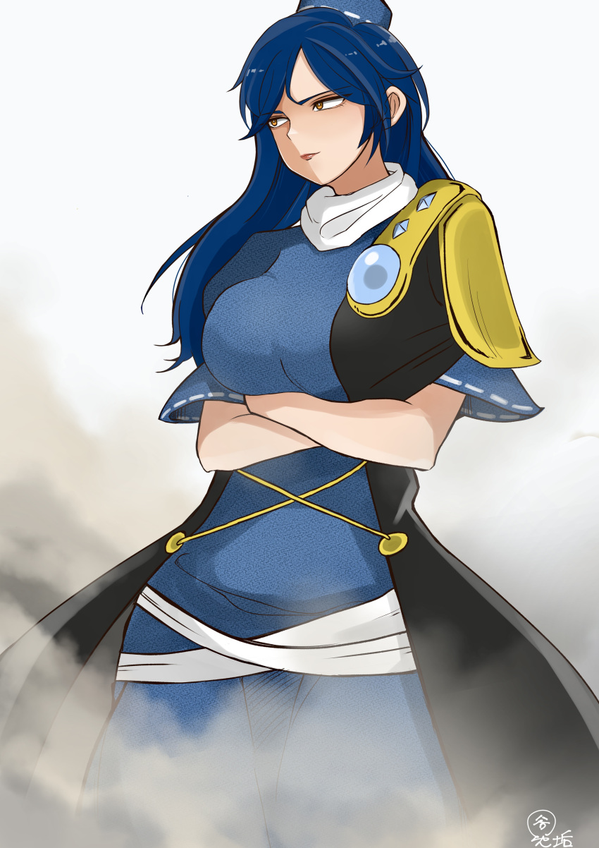 1girl, absurdres, arm_under_breasts, armor, blue_dress, blue_hair, blue_headwear, breasts