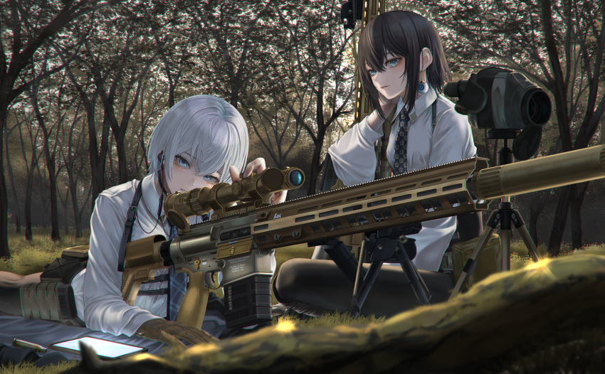 2girls, absurdres, battle_rifle, belt, bipod, black_hair, blue_eyes, brown_gloves