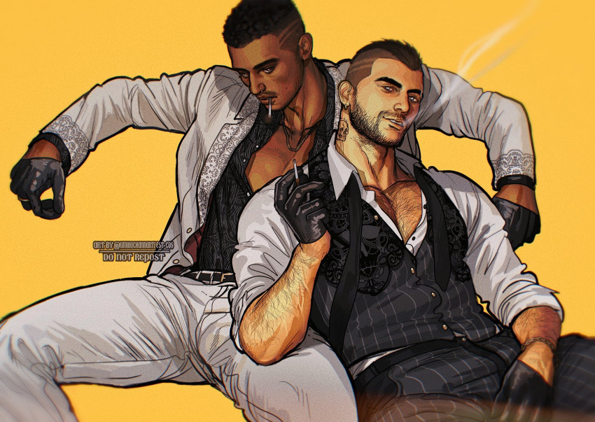 2boys, belt, black_belt, black_gloves, black_hair, black_pants, black_shirt, black_vest