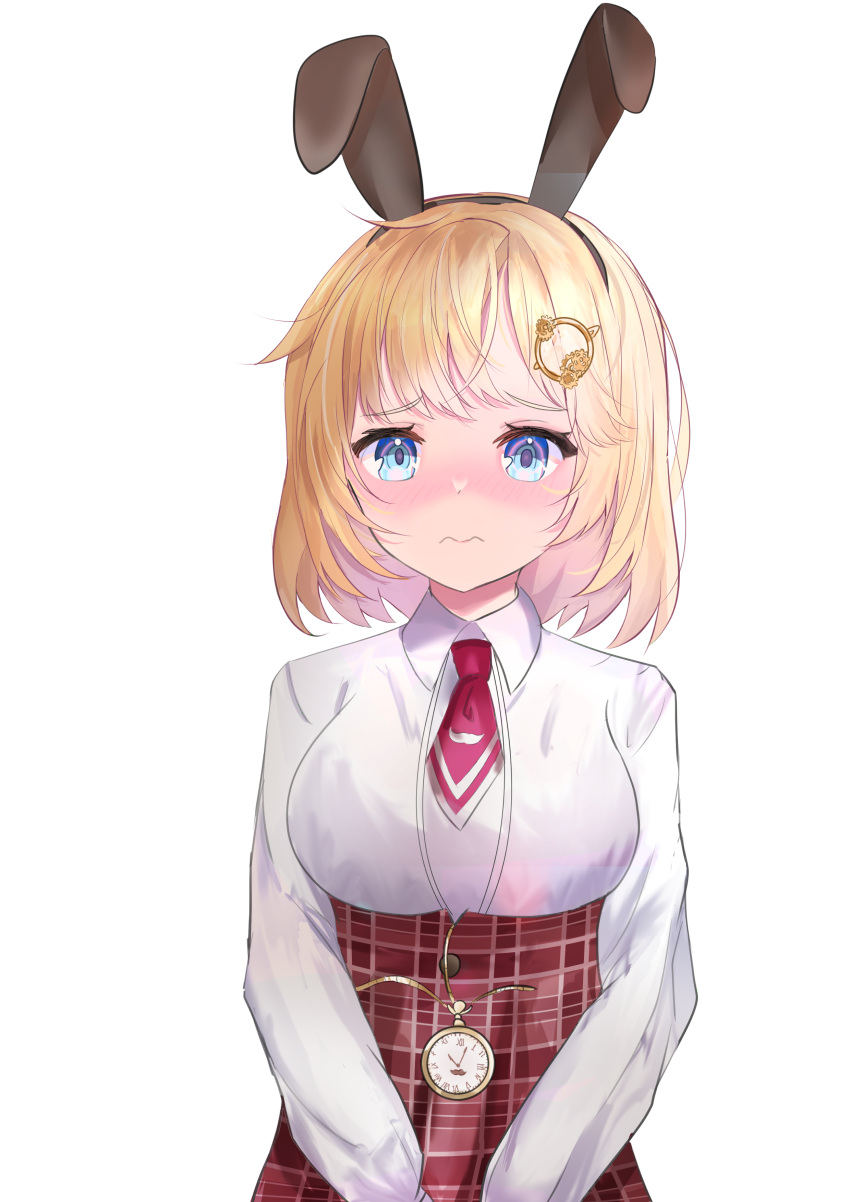 1girl, absurdres, animal_ears, blonde_hair, blue_eyes, blush, closed_mouth, collared_shirt