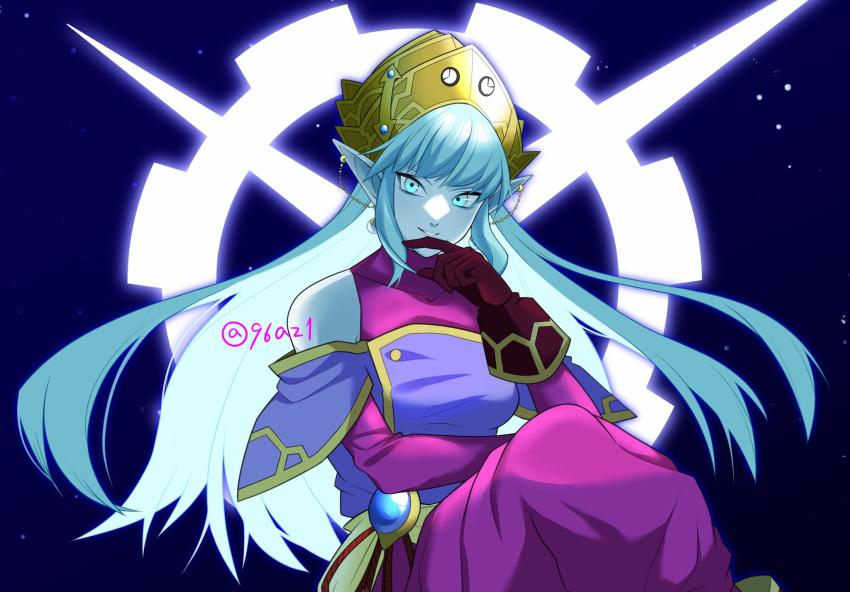 1girl, 96az1, aeos_(dragon_ball), baggy_clothes, baggy_pants, bare_shoulders, blue_eyes, blue_hair, blue_skin, clock, collarbone, colored_skin, covered_collarbone, crossed_legs, dragon_ball, dragon_ball_heroes, earrings, gloves, hand_on_own_chin, hand_up, highres, jewelry, long_hair, looking_at_viewer, pants, pointy_ears, potara_earrings, purple_gloves, sidelocks, smile, solo, tiara, twitter_username, undershirt