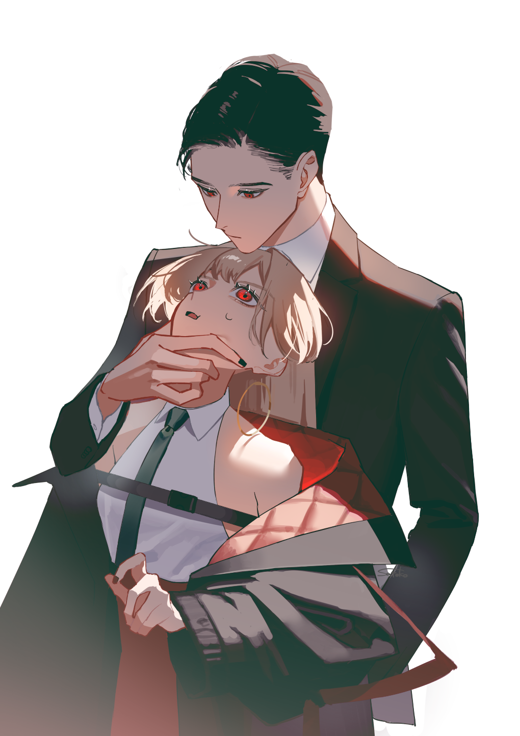 1boy, 1girl, bare_shoulders, black_hair, black_jacket, black_nails, black_necktie, brown_hair