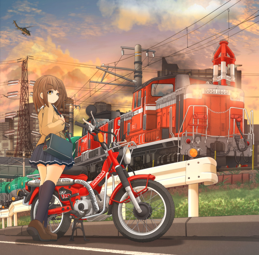 1girl, ah-1_cobra, aircraft, bag, black_footwear, black_skirt, black_socks, blazer