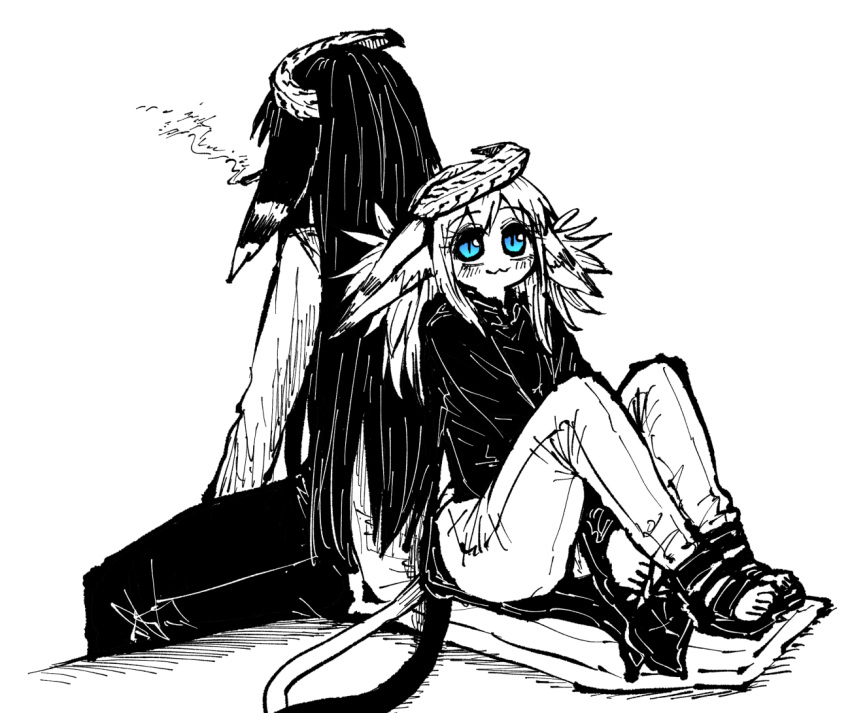 1boy, 1girl, animal_ears, back-to-back, black_pants, black_shirt, blue_eyes, brother_and_sister