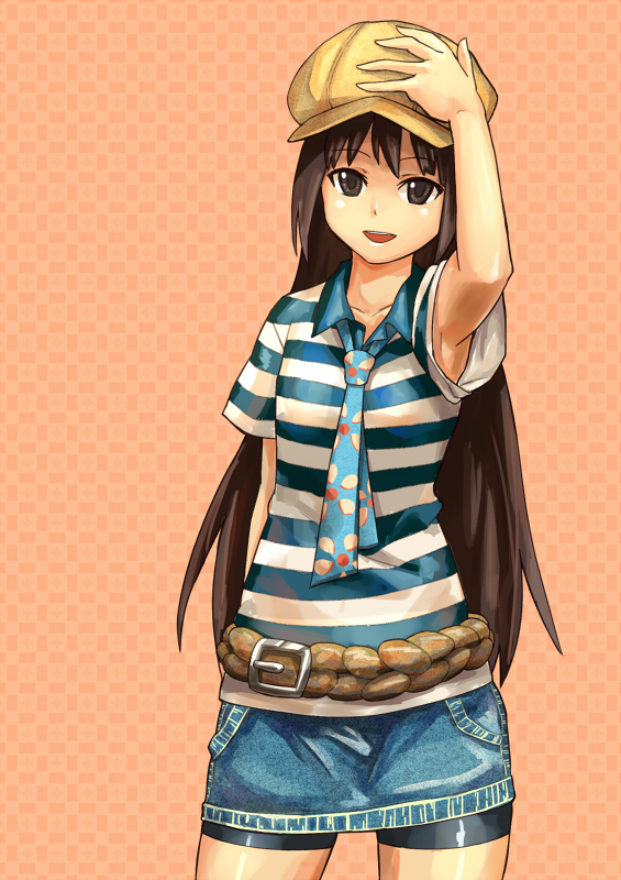 arm_behind_back, armpits, belt, bike_shorts, black_eyes, black_hair, cabbie_hat, denim_skirt