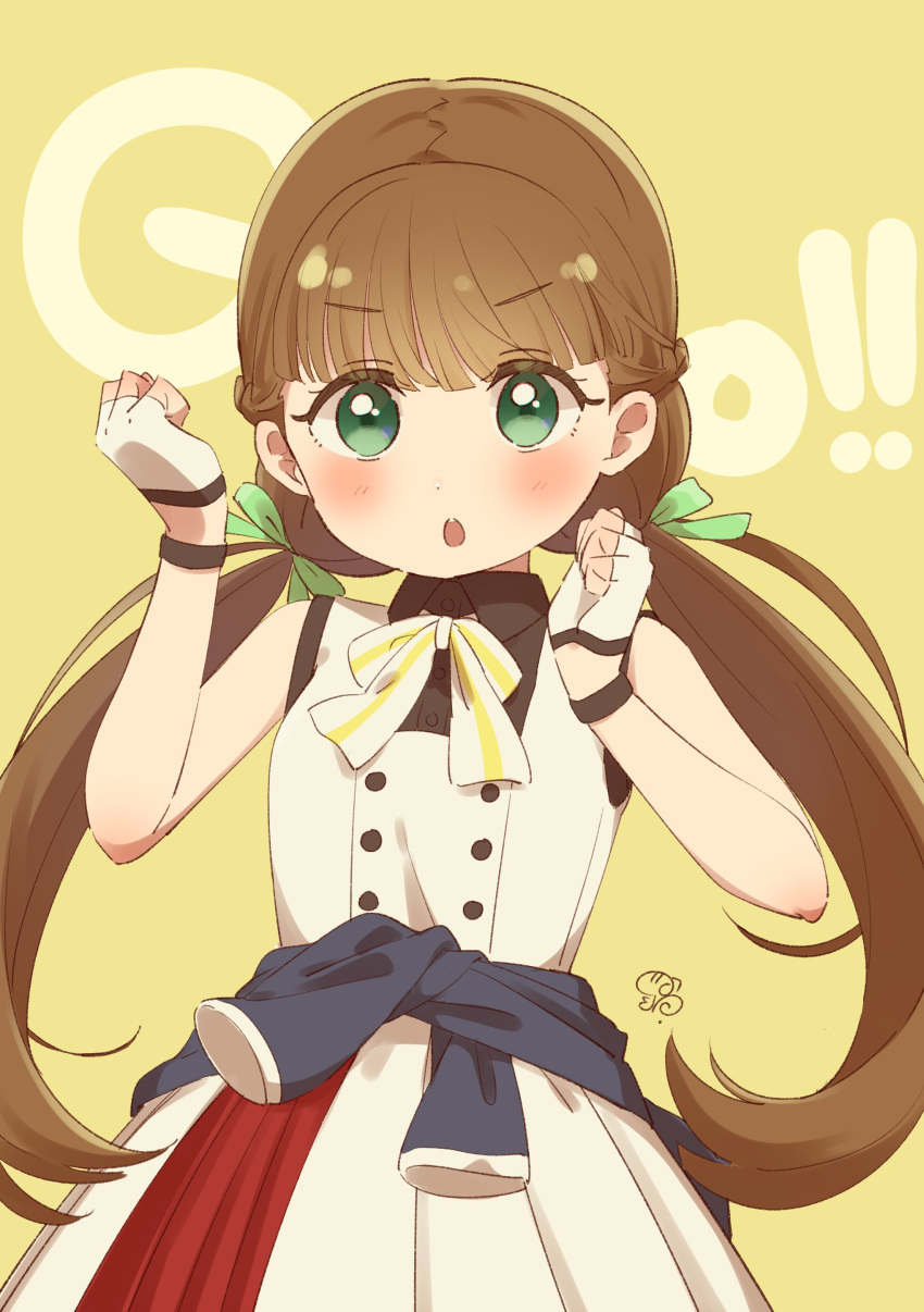 1girl, absurdres, blue_sash, brown_hair, buttons, chestnut_mouth, commentary, double-breasted