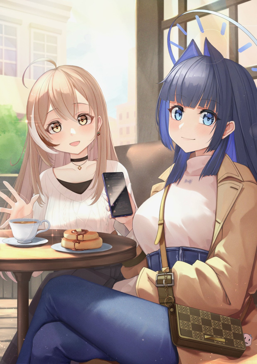 2girls, ahoge, bag, bag_charm, berry, black_choker, black_shirt, blue_eyes