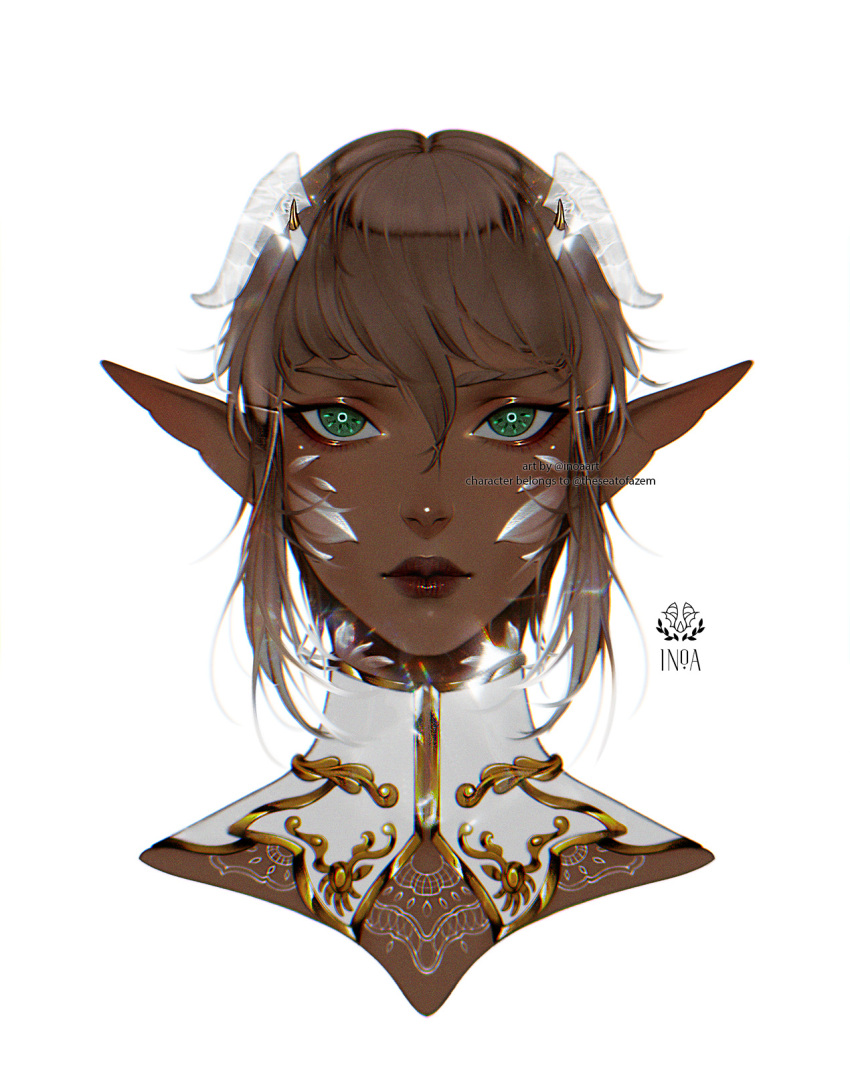 1girl, collar, commission, dark-skinned_female, dark_skin, elf, eyelashes, facing_viewer, gold_trim, green_eyes, hair_between_eyes, highres, horns, inoaart, light_brown_hair, lips, looking_at_viewer, makeup, original, pointy_ears, short_hair, sidelocks, simple_background, solo, white_collar