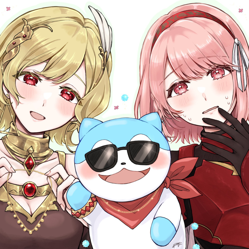 2girls, bandana, black_gloves, blonde_hair, blush, cat, citrinne_(fire_emblem), earrings