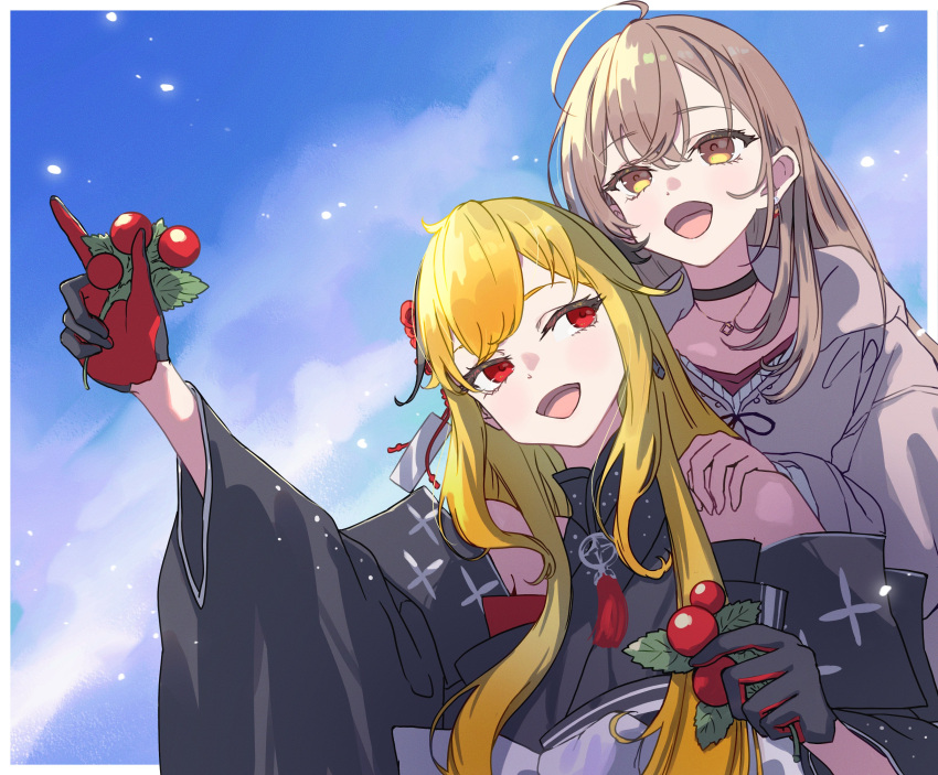2girls, :d, absurdres, ahoge, berry, black_choker, black_kimono, blonde_hair