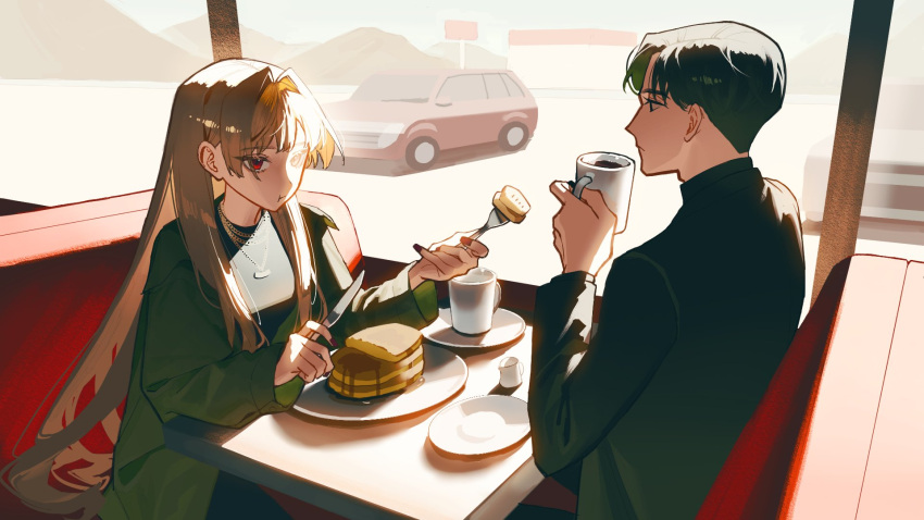 1boy, 1girl, black_hair, brown_hair, car, cup, eating, food