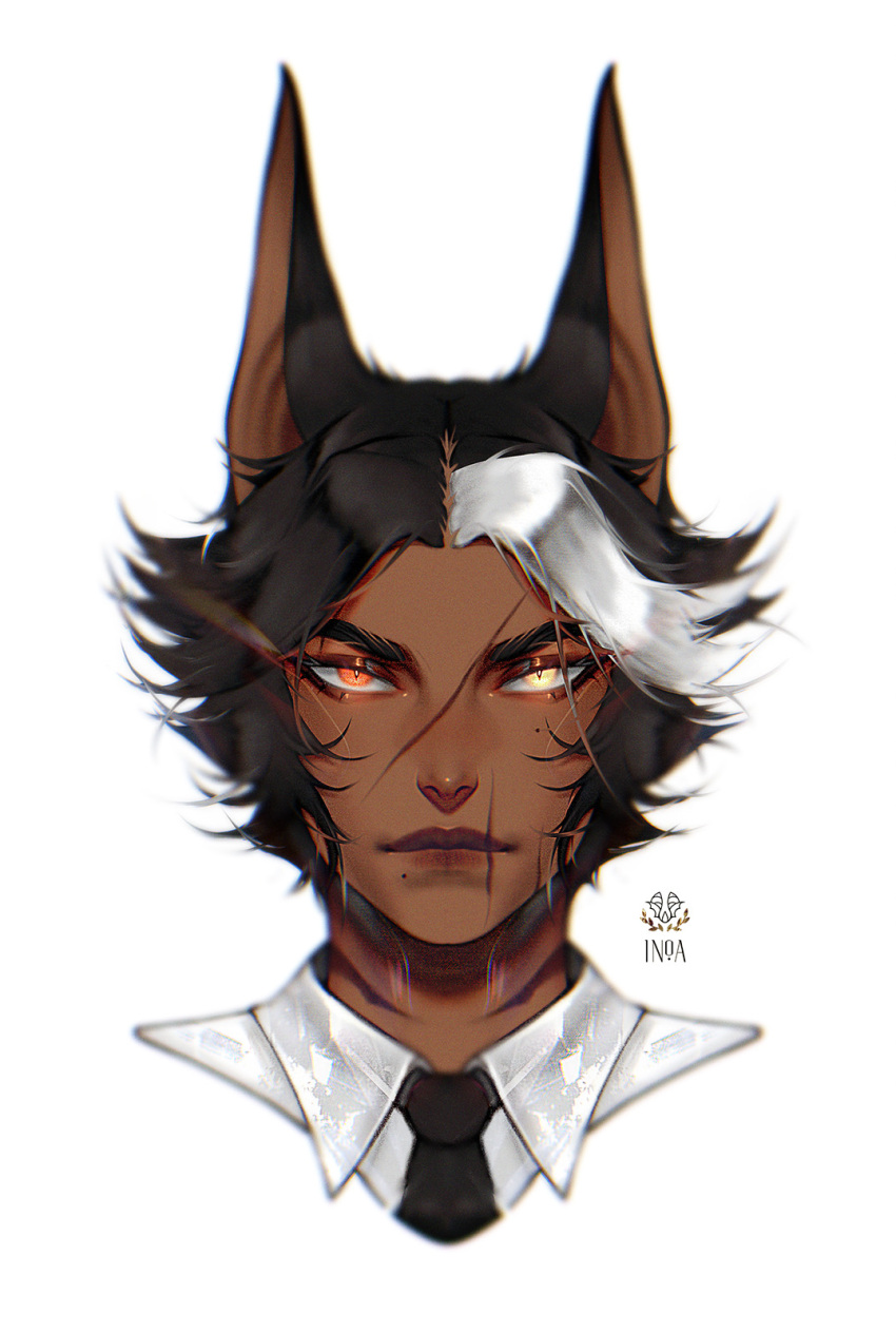 1boy, animal_ears, black_hair, black_necktie, blurry, collared_shirt, commission, dark-skinned_male