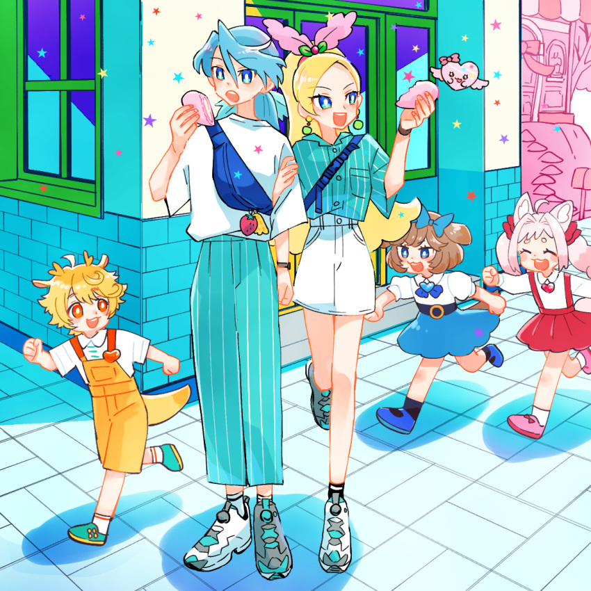 2boys, 3girls, blonde_hair, blue_hair, bow, brick, brother_and_sister, brown_hair