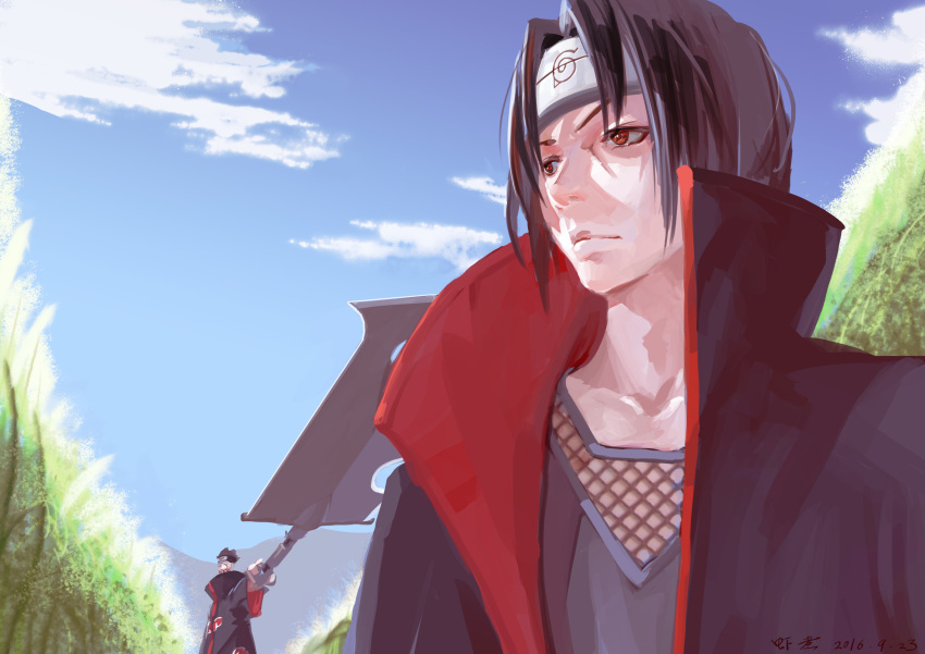 2boys, absurdres, akatsuki_uniform, biwa_juuzou, black_hair, closed_mouth, facial_mark, forehead_protector, highres, holding, holding_weapon, konohagakure_symbol, looking_away, multiple_boys, naruto, naruto_(series), naruto_shippuuden, sharingan, short_hair, sky, spiky_hair, uchiha_itachi, weapon, xiazhu