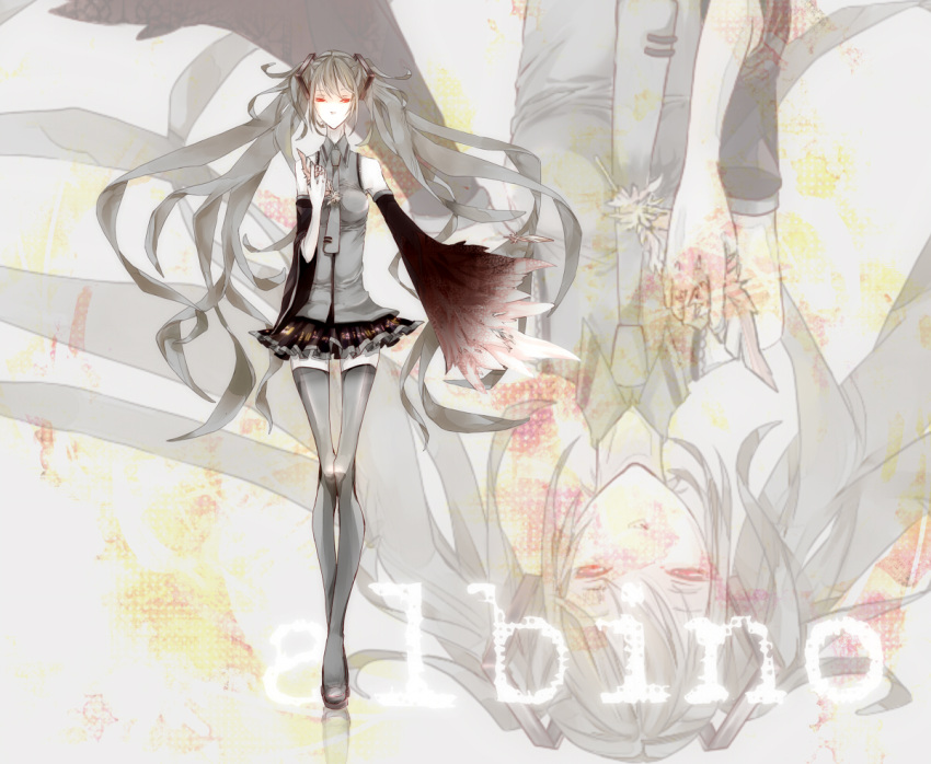 albino_(vocaloid), alternate_hair_color, bad_id, boots, detached_sleeves, feathers, glowing, glowing_eyes, grey, grey_hair, harpy, hatsune_miku, highres, kadan, legs, long_hair, long_legs, necktie, red_eyes, skirt, solo, thigh-highs, thigh_boots, thighhighs, twintails, very_long_hair, vocaloid, wings, zoom_layer