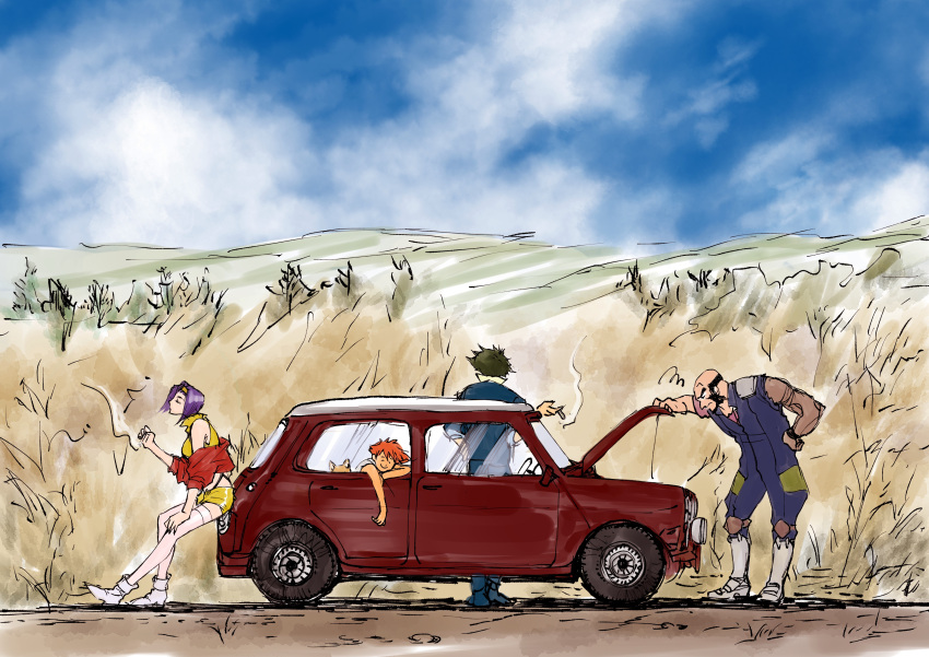 2boys, 2girls, absurdres, beard, blue_sky, car, clouds, cloudy_sky