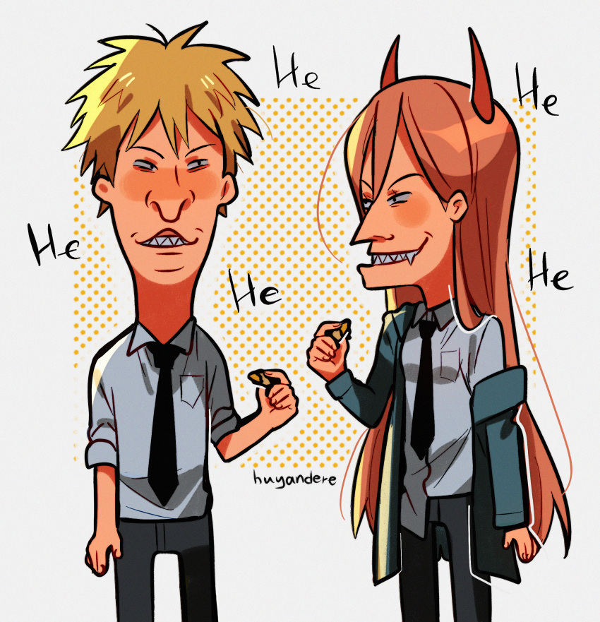 1boy, 1girl, absurdres, artist_name, beavis, beavis_(cosplay), beavis_and_butt-head, black_necktie