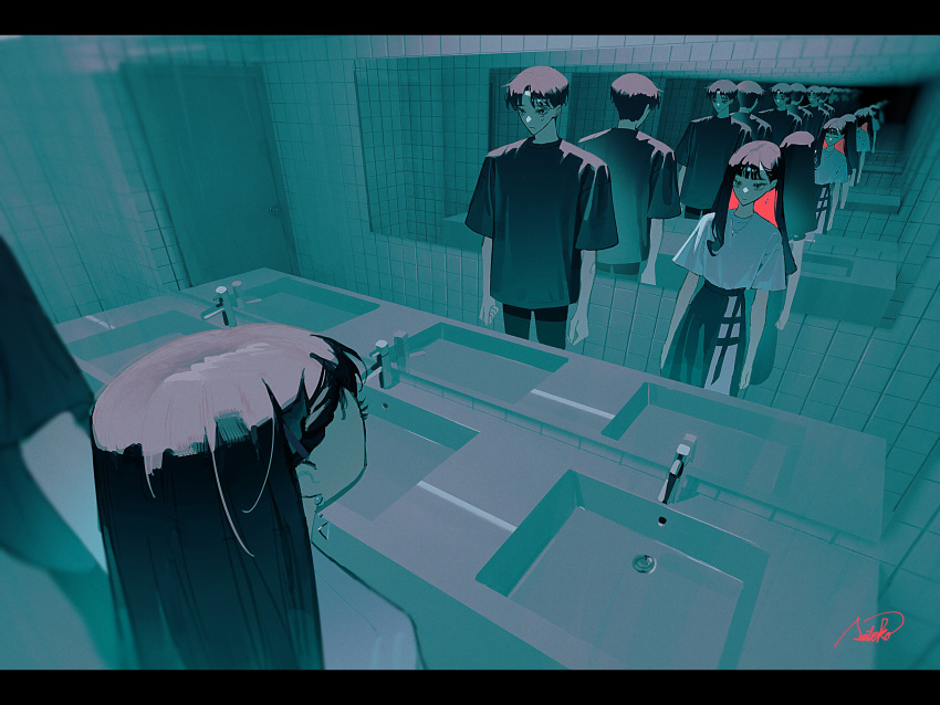 1boy, 1girl, absurdres, aqua_theme, black_hair, black_pants, black_shirt, colored_inner_hair, earrings, highres, indoors, infinity_mirror, jewelry, long_hair, mirror, multicolored_hair, necklace, original, pants, pink_hair, print_skirt, shirt, shirt_tucked_in, short_hair, short_sleeves, signature, sink, skirt, tears, tile_wall, tiles, vanishing_point, white_shirt, yomiya_sateko