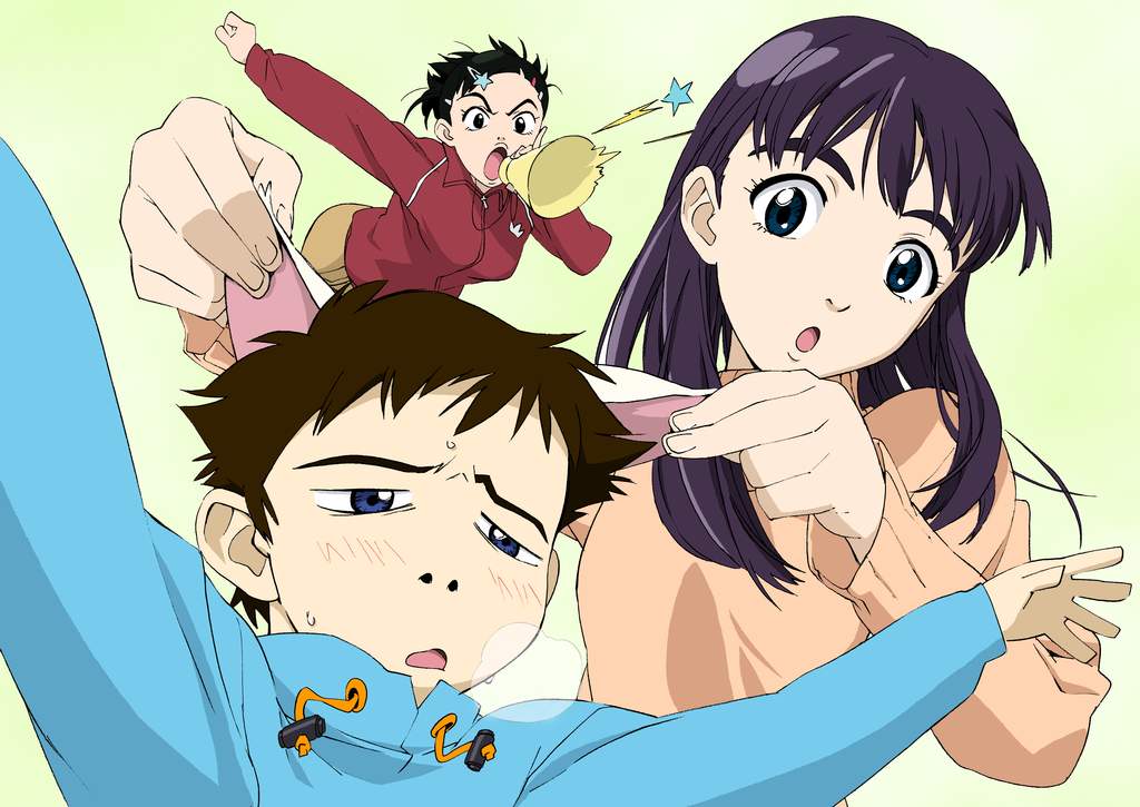 bent_over, black_eyes, black_hair, blush, cat_ears, clenched_hand, flcl, hair_ornament, hairclip, hoodie, long_hair, megaphone, miyaji_junko, nandaba_naota, ninamori_eri, open_mouth, purple_hair, short_hair, star, sweat, teacher, track_jacket