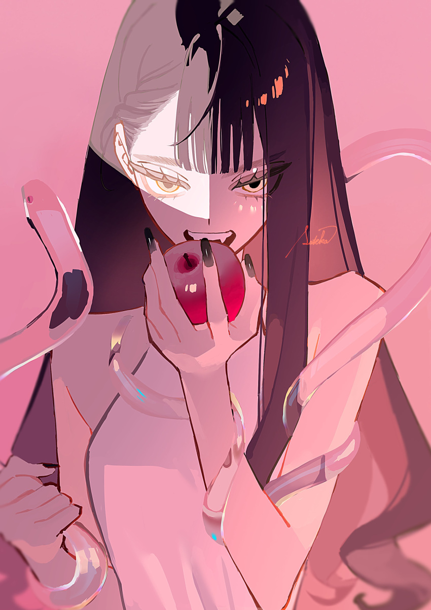 1girl, absurdres, apple, black_hair, black_nails, food, fruit, hair_behind_ear, highres, holding, holding_food, holding_fruit, long_hair, looking_at_viewer, open_mouth, original, pink_background, pink_theme, shadow, shirt, signature, simple_background, sleeveless, sleeveless_shirt, snake, solo, transparent, upper_body, yomiya_sateko