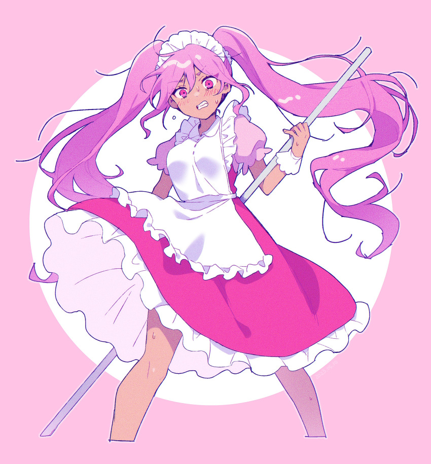 1girl, absurdres, blush, breasts, clenched_teeth, dark-skinned_female, dark_skin, highres, long_hair, looking_at_viewer, maid, maid_headdress, manimarough, medium_breasts, omori, parted_lips, pink_eyes, pink_hair, puffy_short_sleeves, puffy_sleeves, short_sleeves, solo, sweetheart_(omori), teeth, twintails