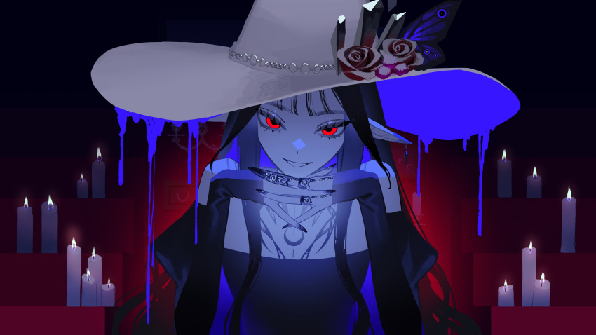 1girl, absurdres, bare_shoulders, be_my_guest_(vocaloid), black_hair, blue_hair, claw_ring, colored_inner_hair