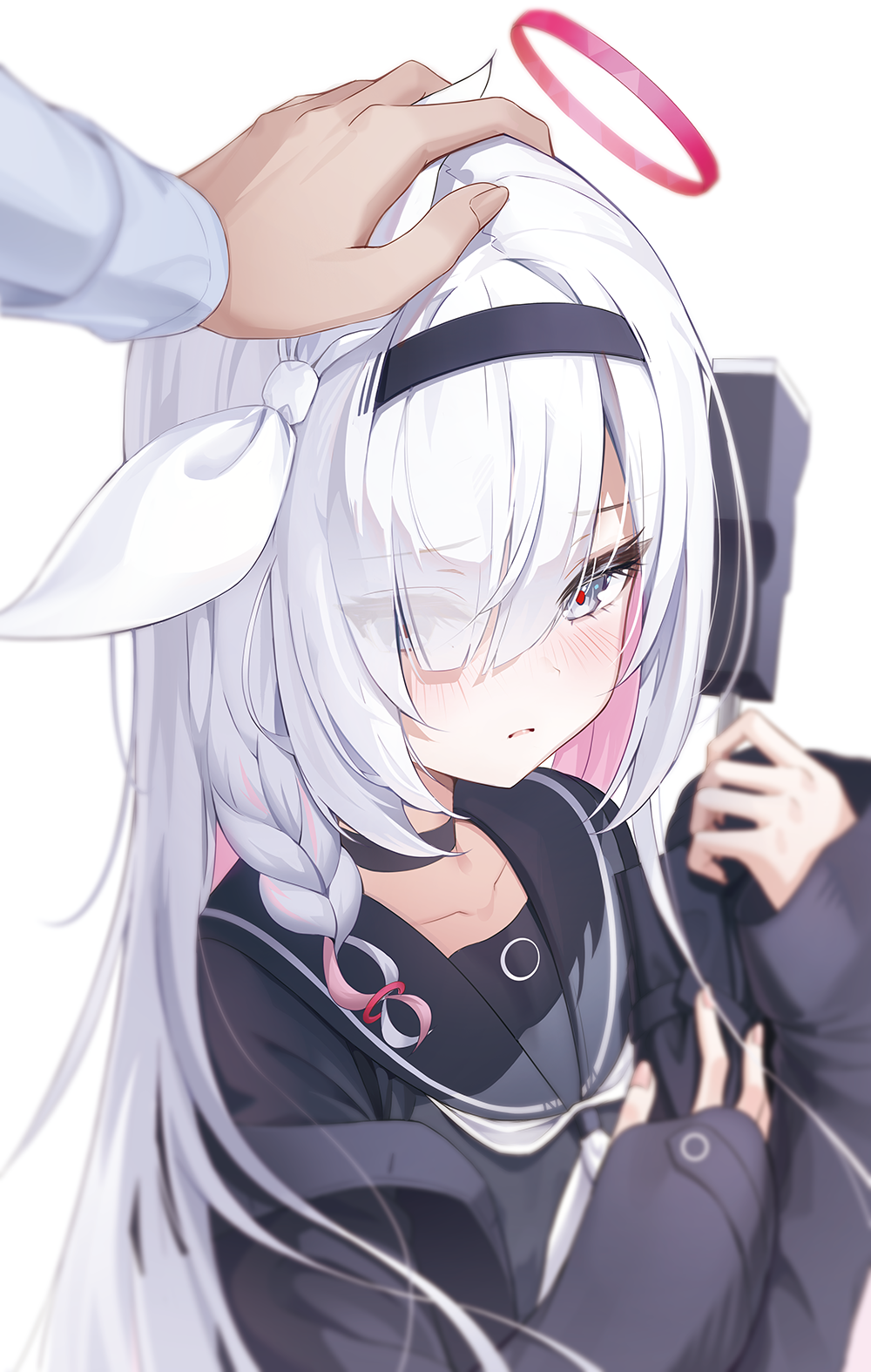 1boy, 1girl, black_choker, black_coat, black_eyes, black_hairband, black_sailor_collar, black_shirt
